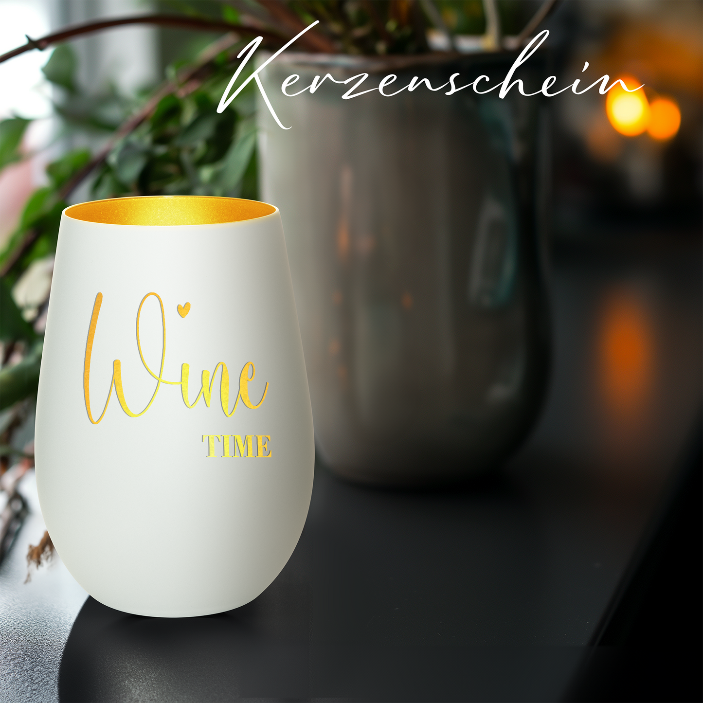 Hochwertiges Glas Windlicht mit Gravur "WINE TIME" in der Farbe Weiß/Gold