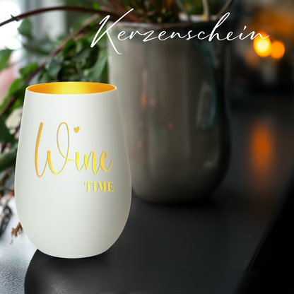 Hochwertiges Glas Windlicht mit Gravur "WINE TIME" in der Farbe Weiß/Gold
