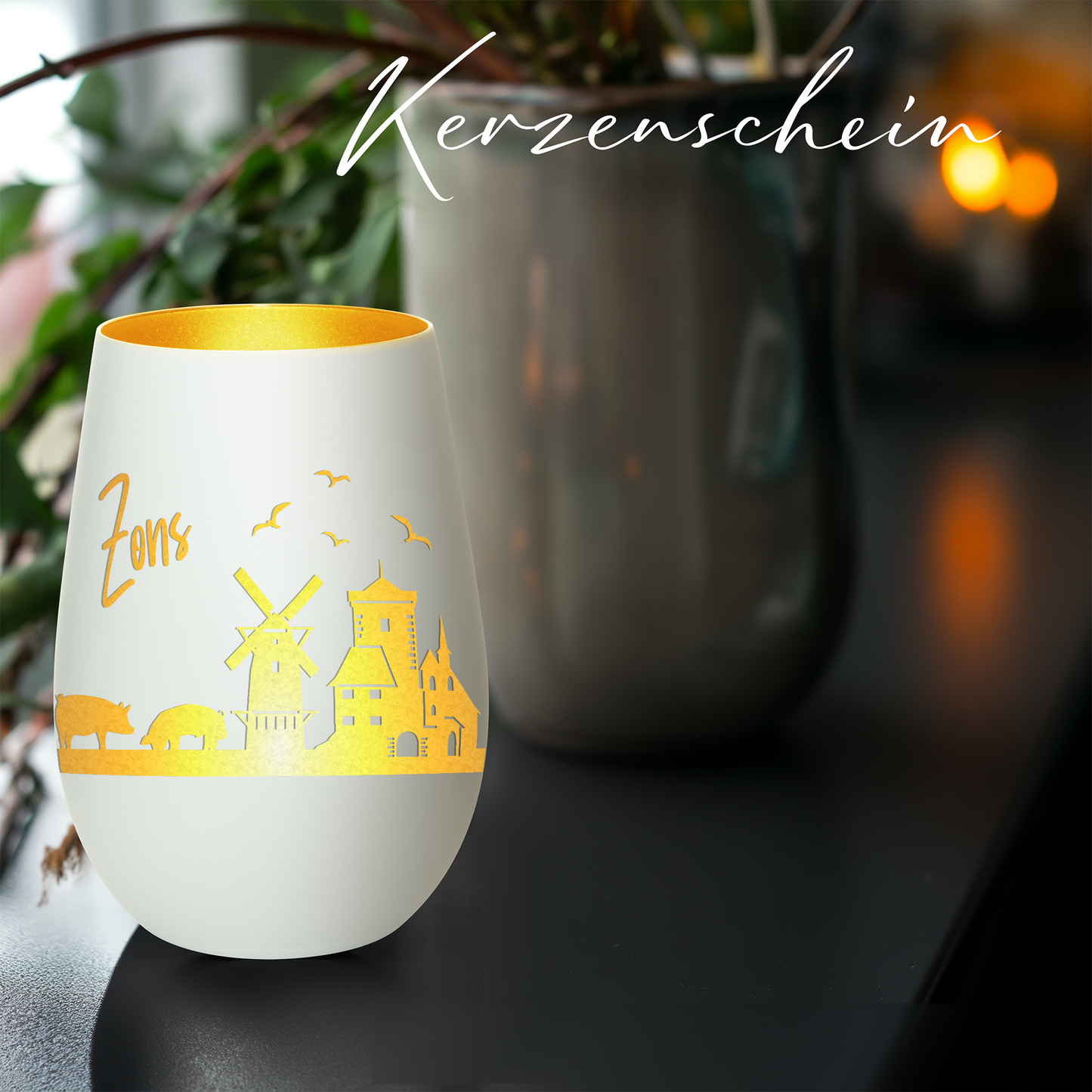 Hochwertiges Glas Windlicht mit Gravur "SKYLINE ZONS (DORMAGEN)" in der Farbe Weiß/Gold
