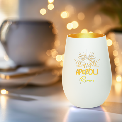 Hochwertiges Glas Windlicht mit Gravur "HOLY APEROLI" mit Wunschname in der Farbe Weiß/Gold