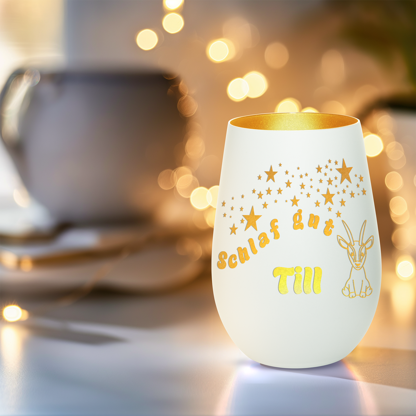Hochwertiges Glas Windlicht für Kinder mit Gravur "SCHLAF GUT" Motiv Antilope mit Wunschname in der Farbe Weiß/Gold