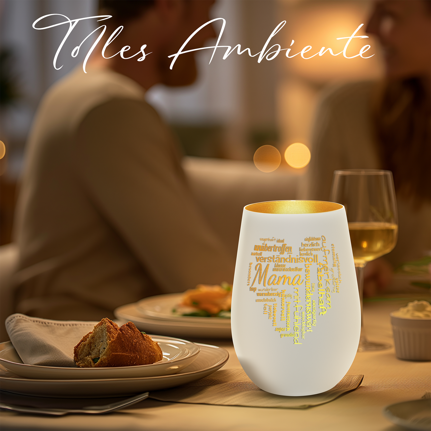Hochwertiges Glas Windlicht mit Gravur "MAMA GROßES HERZ" in der Farbe Weiß/Gold