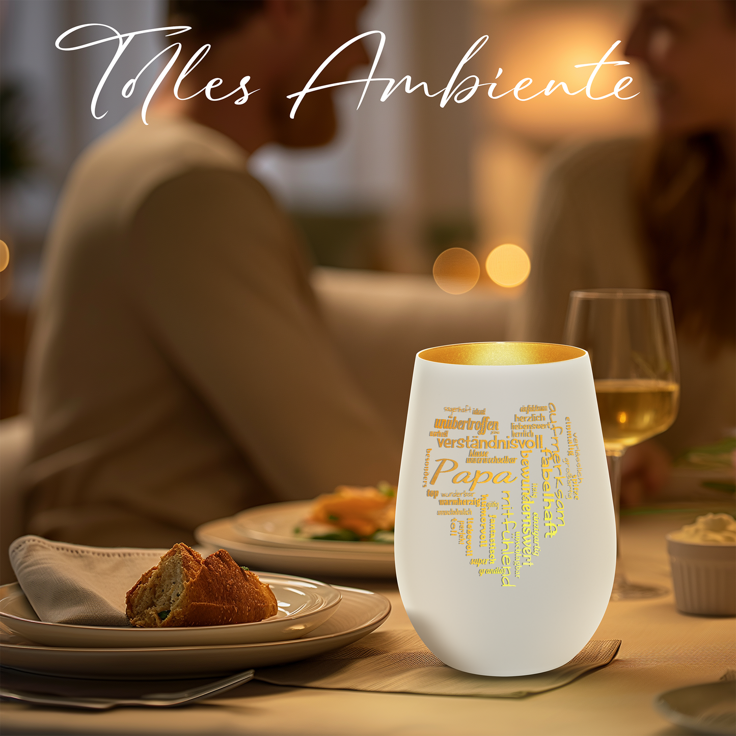 Hochwertiges Glas Windlicht mit Gravur "PAPA GROßES HERZ" in der Farbe Weiß/Gold
