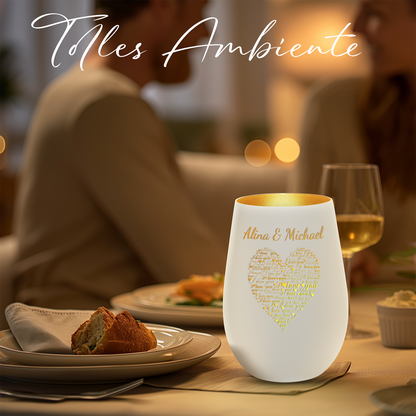 Hochwertiges Glas Windlicht mit Gravur "I LOVE YOU" mit Wunschnamen in der Farbe Weiß/Gold