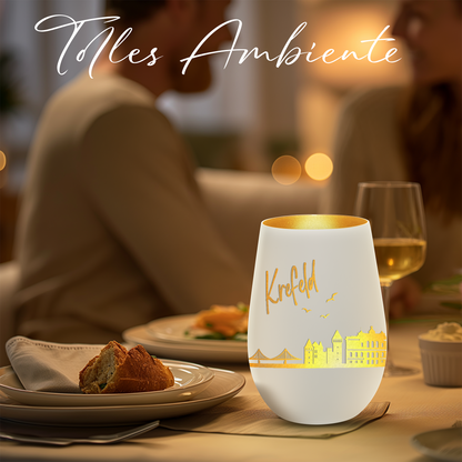 Hochwertiges Glas Windlicht mit Gravur "SKYLINE KREFELD" in der Farbe Weiß/Gold