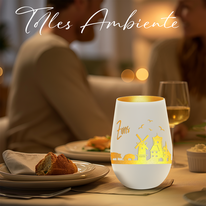 Hochwertiges Glas Windlicht mit Gravur "SKYLINE ZONS (DORMAGEN)" in der Farbe Weiß/Gold