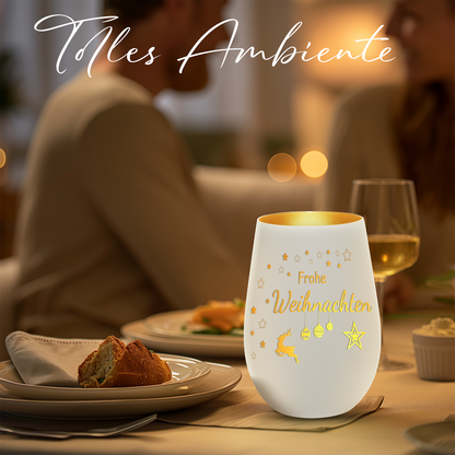 Hochwertiges Glas Windlicht mit Gravur "FROHE WEIHNACHTEN" in der Farbe Weiß/Gold