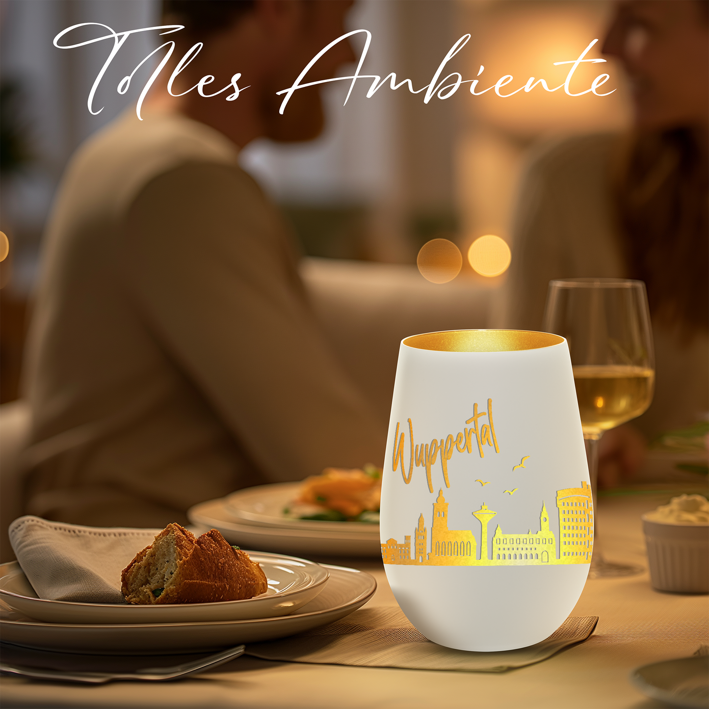 Hochwertiges Glas Windlicht mit Gravur "SKYLINE WUPPERTAL" in der Farbe Weiß/Gold