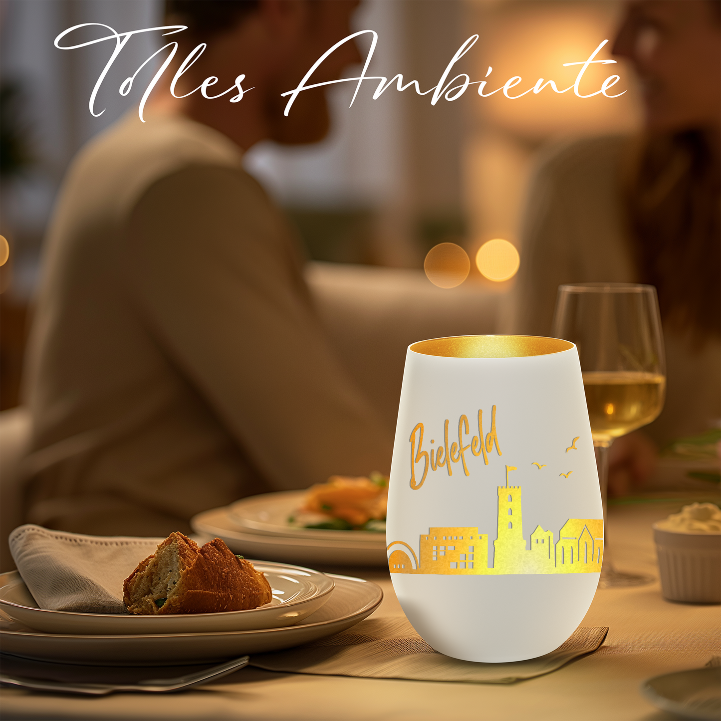 Hochwertiges Glas Windlicht mit Gravur "SKYLINE BIELEFELD" in der Farbe Weiß/Gold