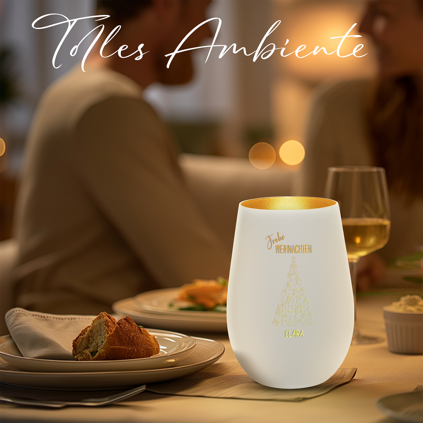 Hochwertiges Glas Windlicht mit Gravur "FROHE WEIHNACHTEN" mit Wunschname in der Farbe Weiß/Gold