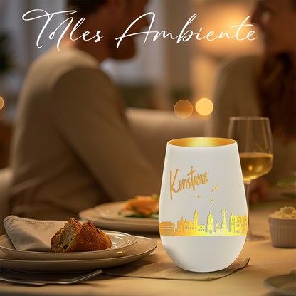 Hochwertiges Glas Windlicht mit Gravur "SKYLINE KONSTANZ" in der Farbe Weiß/Gold