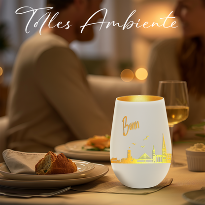 Hochwertiges Glas Windlicht mit Gravur "SKYLINE BONN" in der Farbe Weiß/Gold
