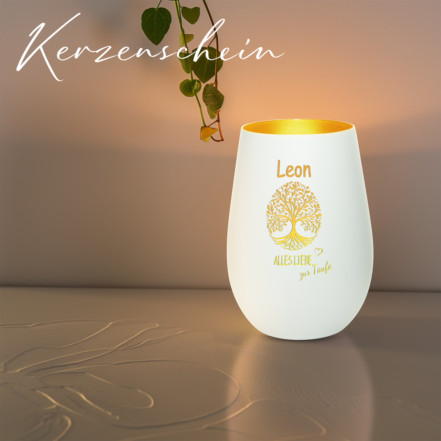 Hochwertiges Glas Windlicht mit Gravur "ALLES LIEBE ZUR TAUFE" mit Wunschname in der Farbe Weiß/Gold