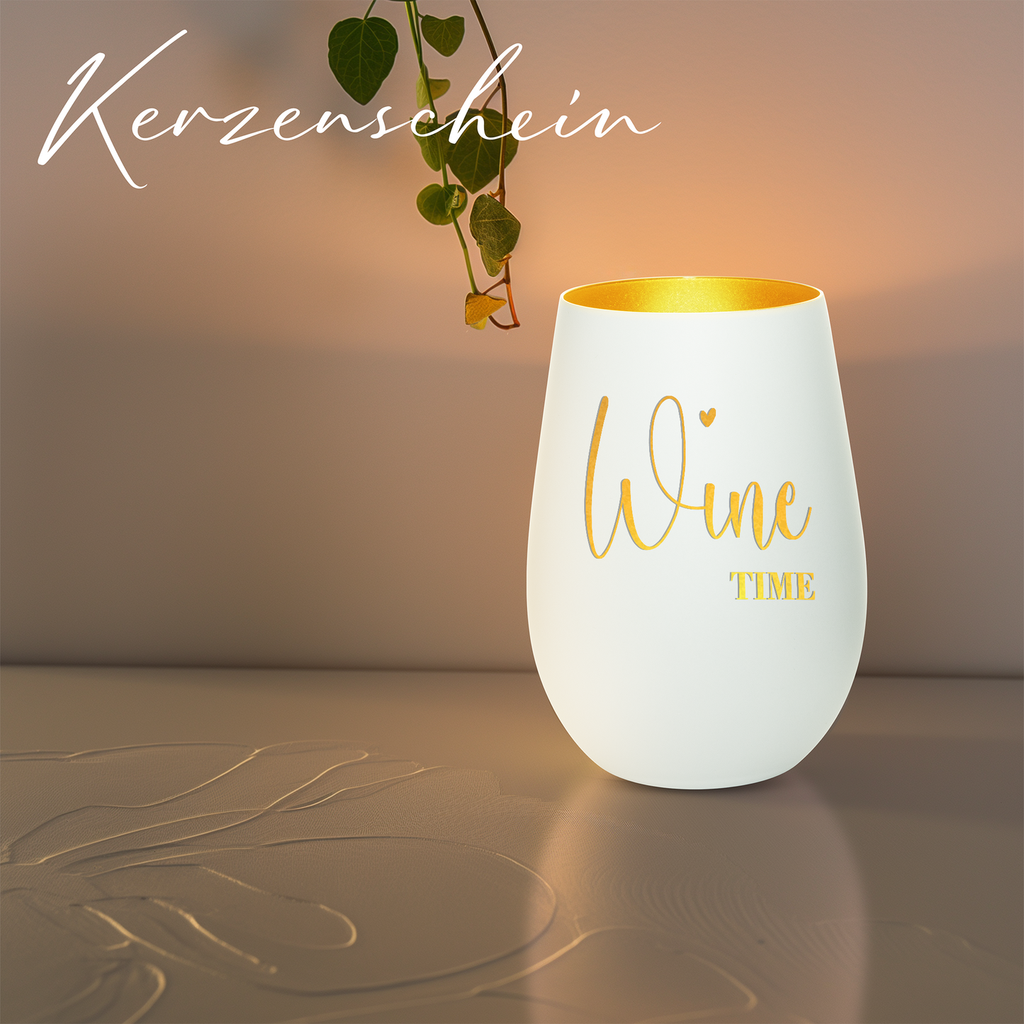 Hochwertiges Glas Windlicht mit Gravur "WINE TIME" in der Farbe Weiß/Gold