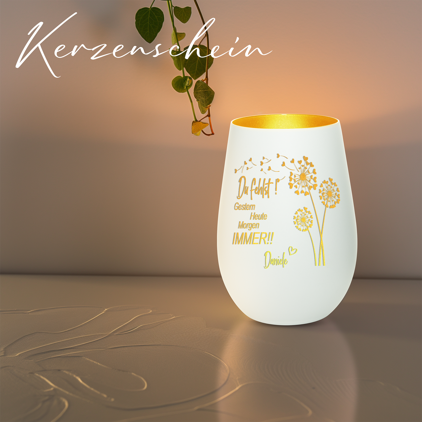 Hochwertiges Glas Windlicht mit Gravur als Trauerlicht "DU FEHLST! GESTERN HEUTE MORGEN IMMER" mit Wunschname in der Farbe Weiß/Gold