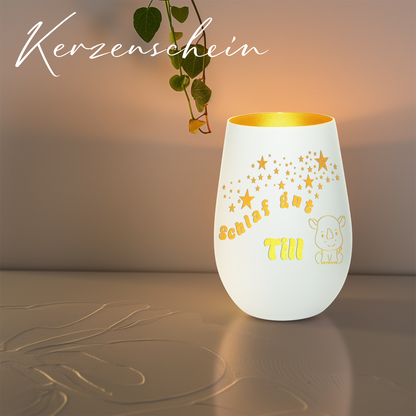 Hochwertiges Glas Windlicht für Kinder mit Gravur "SCHLAF GUT" Motiv Nashorn mit Wunschname in der Farbe Weiß/Gold
