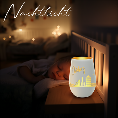Hochwertiges Glas Windlicht mit Gravur "SKYLINE DUISBURG" in der Farbe Weiß/Gold