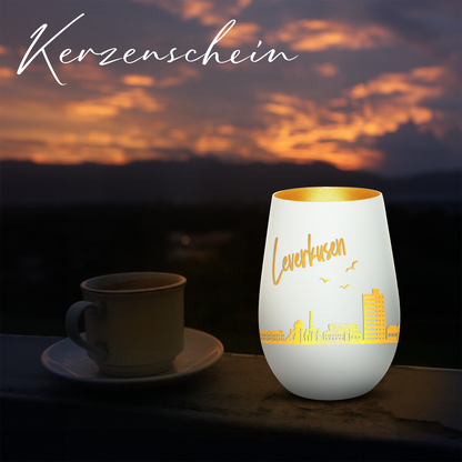 Hochwertiges Glas Windlicht mit Gravur "SKYLINE LEVERKUSEN" in der Farbe Weiß/Gold