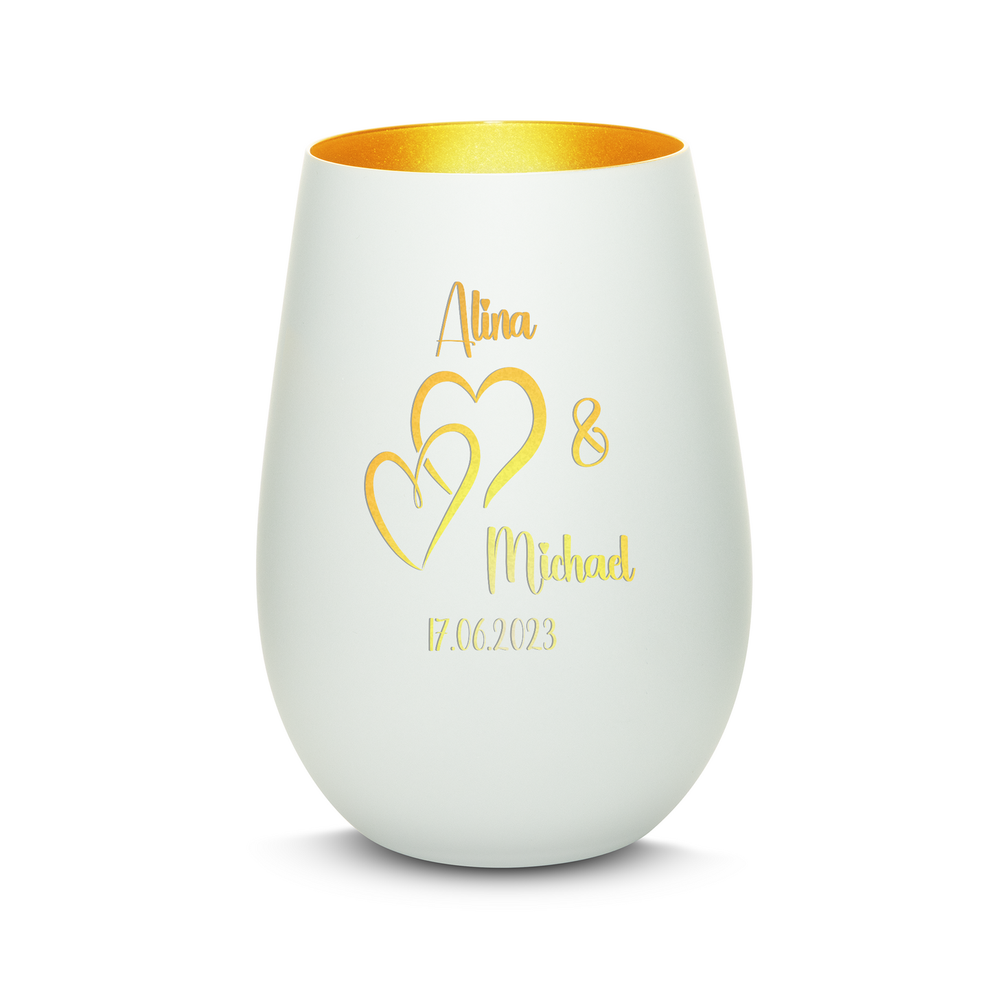 Hochwertiges Glas Windlicht mit Gravur "LIEBES WINDLICHT HERZ1" mit Wunschnamen und Datum in der Farbe Weiß/Gold