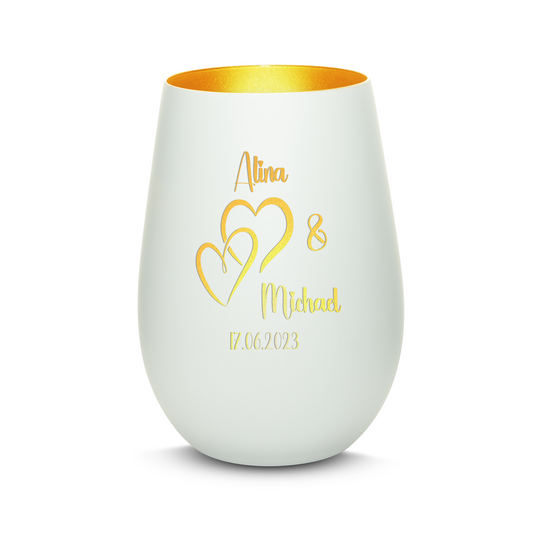 Hochwertiges Glas Windlicht mit Gravur "LIEBES WINDLICHT HERZ1" mit Wunschnamen und Datum in der Farbe Weiß/Gold