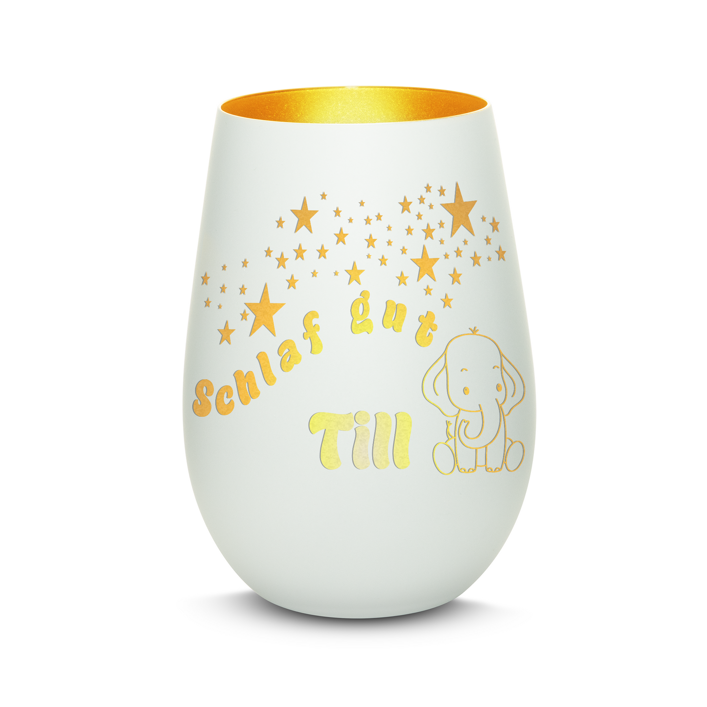 Hochwertiges Glas Windlicht für Kinder mit Gravur "SCHLAF GUT" Motiv Elefant mit Wunschname in der Farbe Weiß/Gold