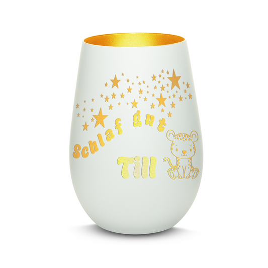 Hochwertiges Glas Windlicht für Kinder mit Gravur "SCHLAF GUT" Motiv Leopard mit Wunschname in der Farbe Weiß/Gold