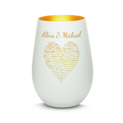 Hochwertiges Glas Windlicht mit Gravur "I LOVE YOU" mit Wunschnamen in der Farbe Weiß/Gold