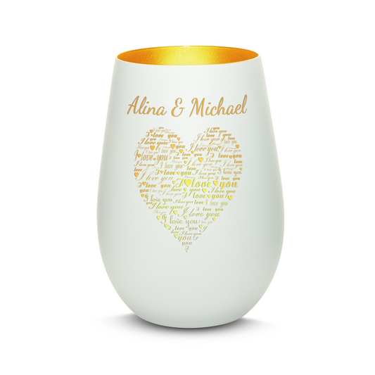 Hochwertiges Glas Windlicht mit Gravur "I LOVE YOU" mit Wunschnamen in der Farbe Weiß/Gold