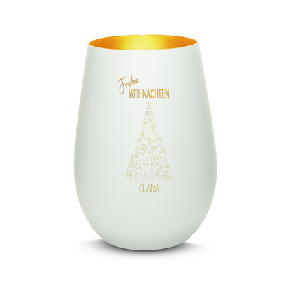 Hochwertiges Glas Windlicht mit Gravur "FROHE WEIHNACHTEN" mit Wunschname in der Farbe Weiß/Gold