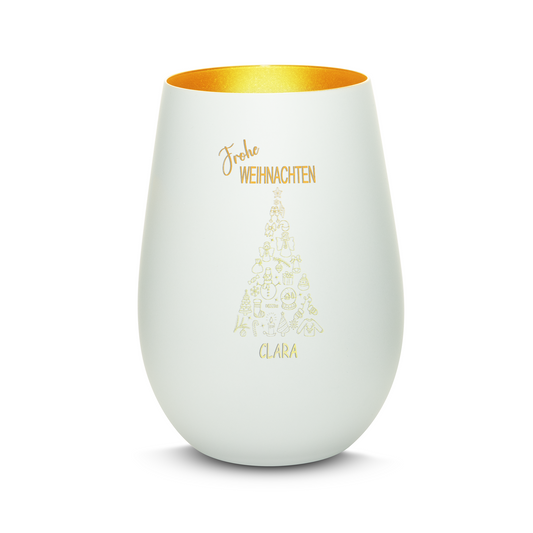 Hochwertiges Glas Windlicht mit Gravur "FROHE WEIHNACHTEN" mit Wunschname in der Farbe Weiß/Gold