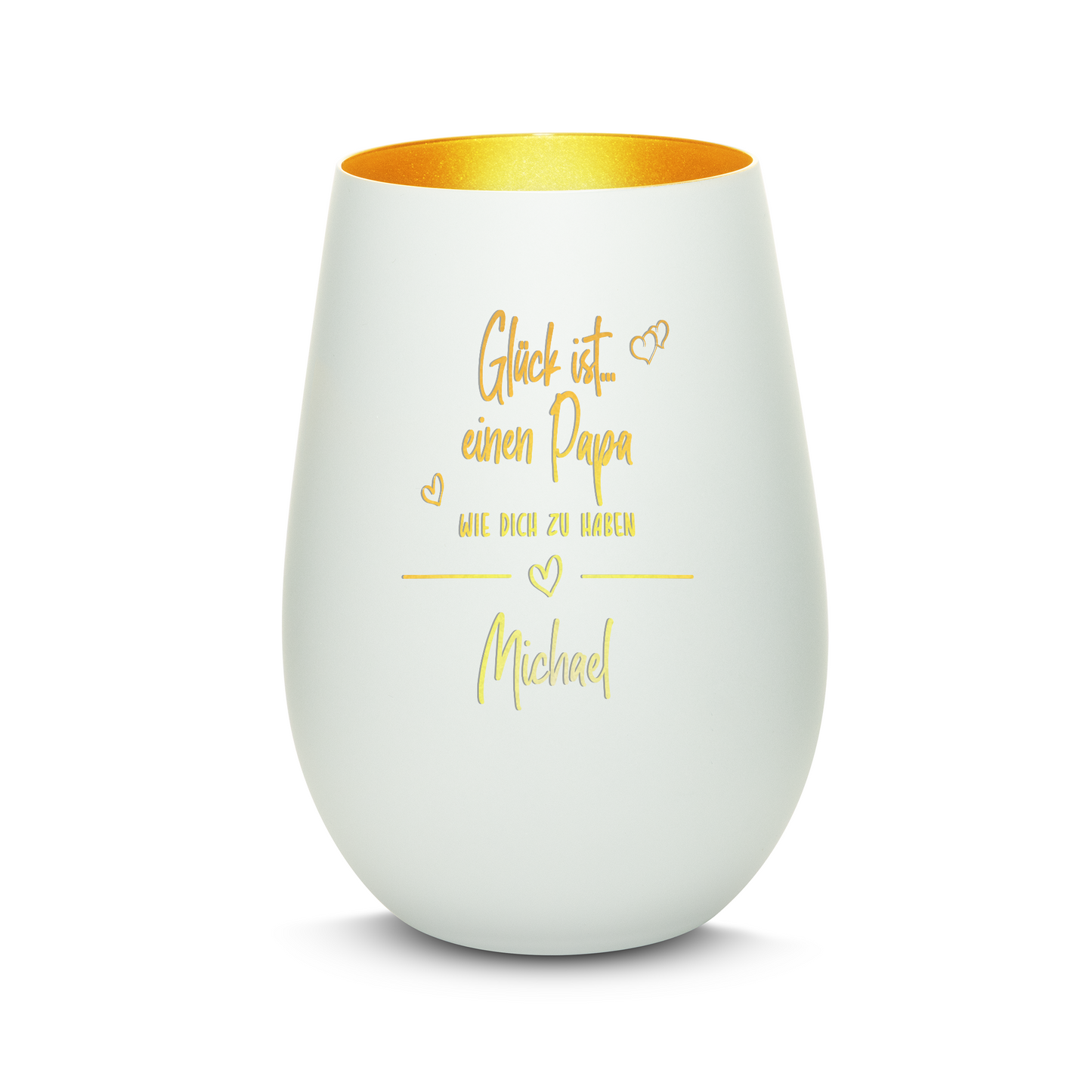 Hochwertiges Glas Windlicht mit Gravur "GLÜCK IST EINEN PAPA WIE DICH ZU HABEN" mit Wunschname in der Farbe Weiß/Gold