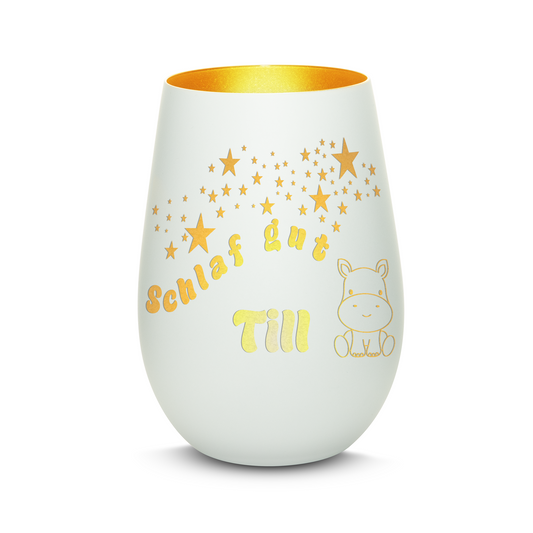 Hochwertiges Glas Windlicht für Kinder mit Gravur "SCHLAF GUT" Motiv Nilpferd mit Wunschname in der Farbe Weiß/Gold