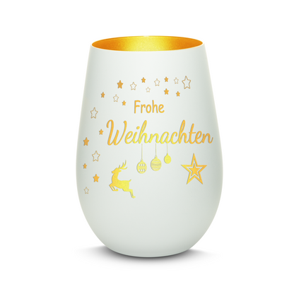 Hochwertiges Glas Windlicht mit Gravur "FROHE WEIHNACHTEN" in der Farbe Weiß/Gold