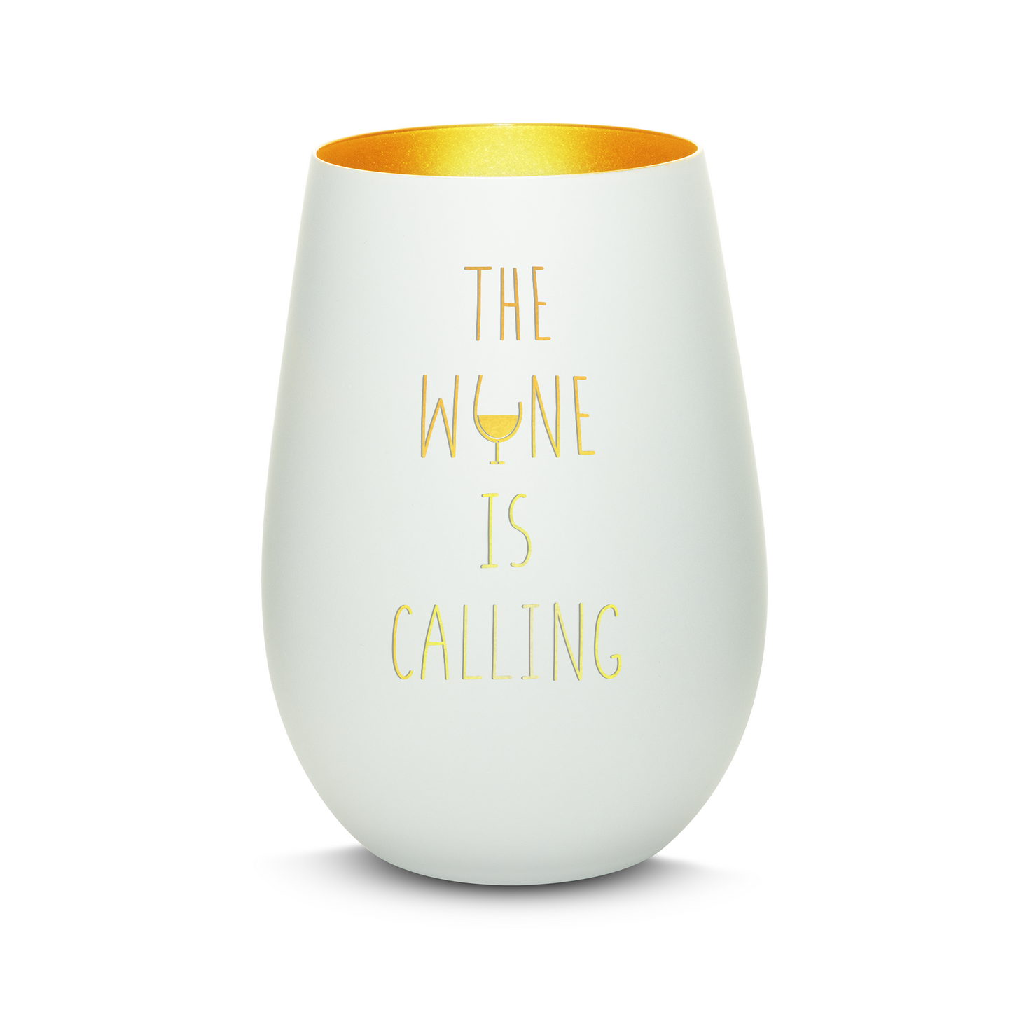 Hochwertiges Glas Windlicht mit Gravur "THE WINE IS CALLING" in der Farbe Weiß/Gold