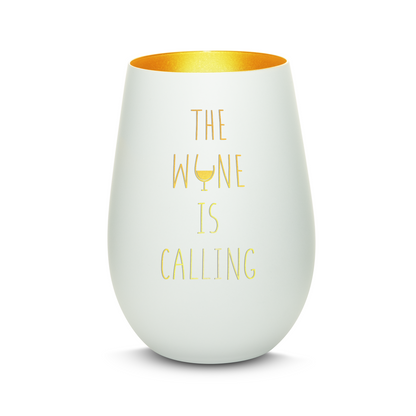 Hochwertiges Glas Windlicht mit Gravur "THE WINE IS CALLING" in der Farbe Weiß/Gold