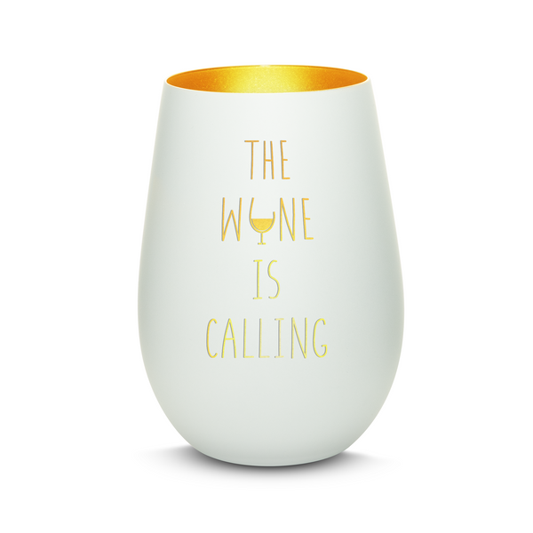 Hochwertiges Glas Windlicht mit Gravur "THE WINE IS CALLING" in der Farbe Weiß/Gold