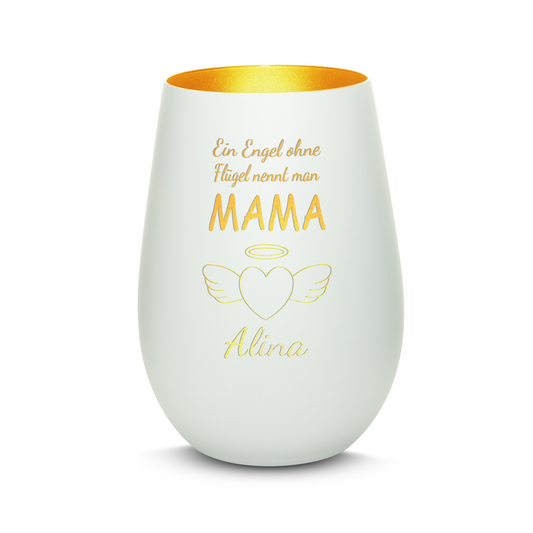 Hochwertiges Glas Windlicht mit Gravur "EIN ENGEL OHNE FLÜGEL NENNT MAN MAMA" mit Wunschname in der Farbe Weiß/Gold