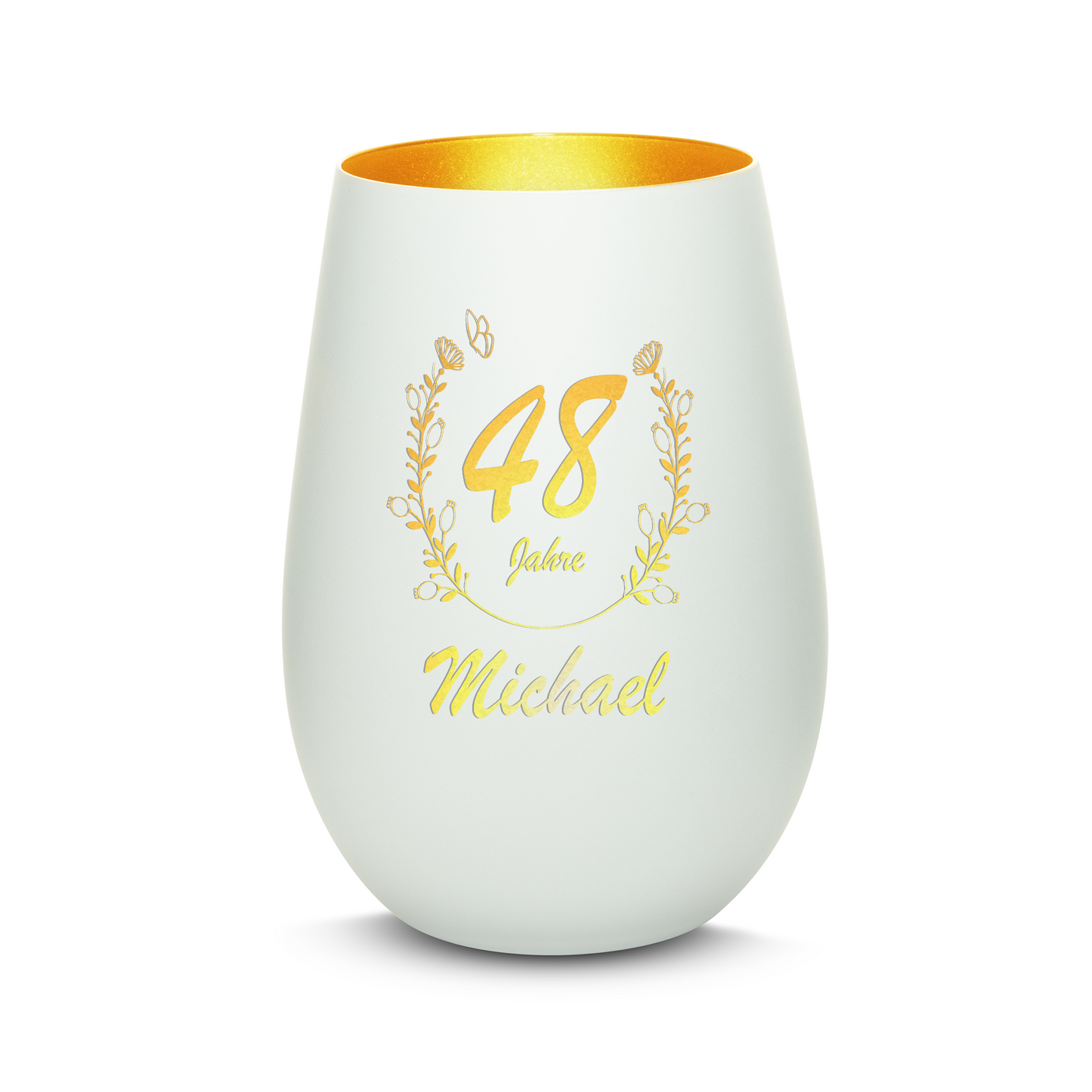 Hochwertiges Glas Windlicht mit Gravur "GEBURTSTAG MIT BLUMENKRANZ" mit Wunschnamen und Datum in der Farbe Weiß/Gold
