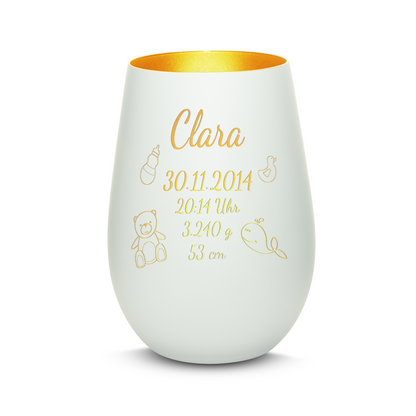 Hochwertiges Glas Windlicht mit Gravur "ZUR GEBURT" mit Wunschname und Datum in der Farbe Weiß/Gold