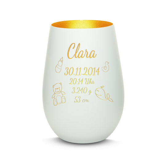 Hochwertiges Glas Windlicht mit Gravur "ZUR GEBURT" mit Wunschname und Datum in der Farbe Weiß/Gold