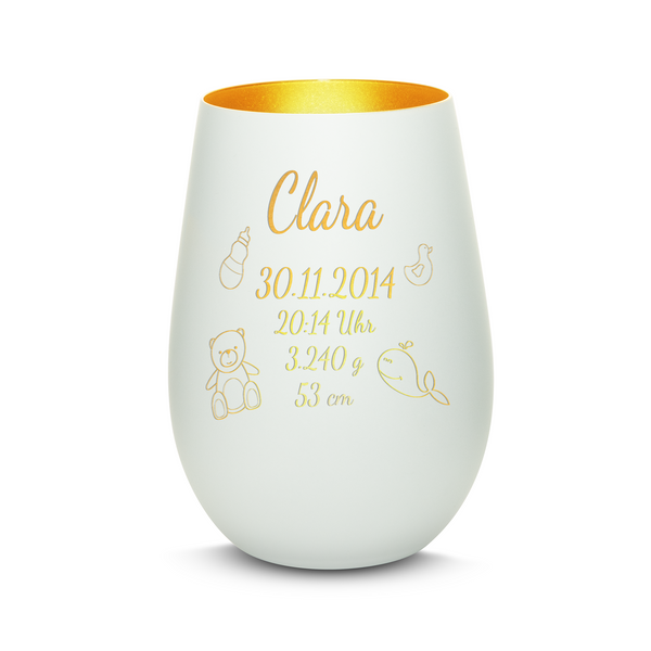 Hochwertiges Glas Windlicht mit Gravur "ZUR GEBURT" mit Wunschname und Datum in der Farbe Weiß/Gold