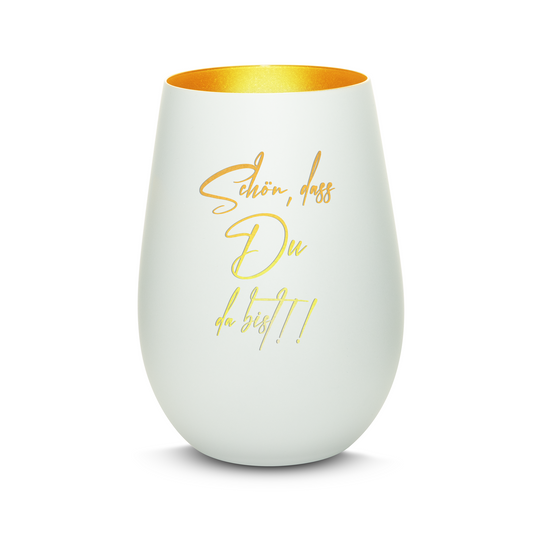 Hochwertiges Glas Windlicht mit Gravur "SCHÖN, DASS DU DA BIST" in der Farbe Weiß/Gold