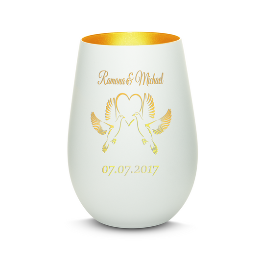 Hochwertiges Glas Windlicht mit Gravur "LIEBESGLAS TAUBEN" mit Wunschnamen und Datum in der Farbe Weiß/Gold