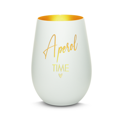 Hochwertiges Glas Windlicht mit Gravur "APEROL TIME" in der Farbe Weiß/Gold