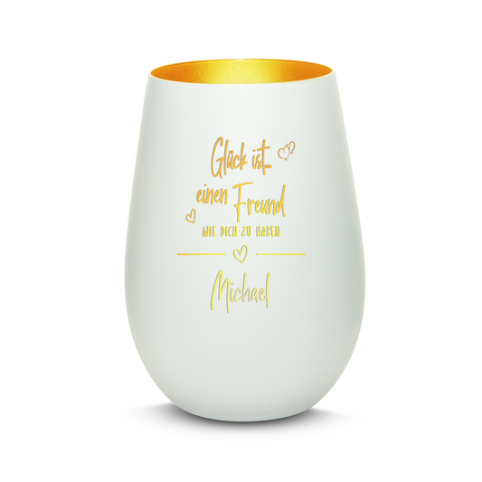 Hochwertiges Glas Windlicht mit Gravur "GLÜCK IST EINEN FREUND WIE DICH ZU HABEN" mit Wunschname in der Farbe Weiß/Gold