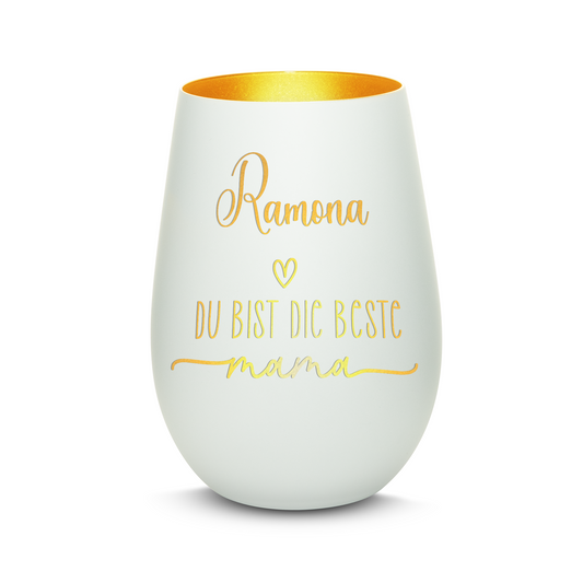Hochwertiges Glas Windlicht mit Gravur "DIE BESTE MAMA" mit Wunschname in der Farbe Weiß/Gold