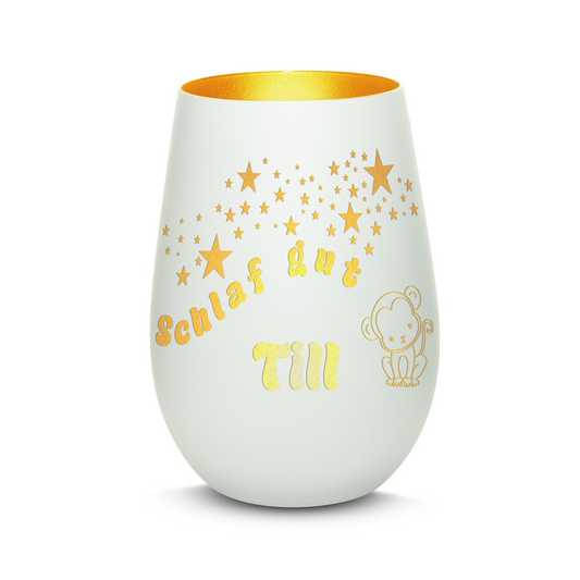 Hochwertiges Glas Windlicht für Kinder mit Gravur "SCHLAF GUT" Motiv Affe mit Wunschname in der Farbe Weiß/Gold