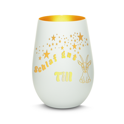 Hochwertiges Glas Windlicht für Kinder mit Gravur "SCHLAF GUT" Motiv Antilope mit Wunschname in der Farbe Weiß/Gold