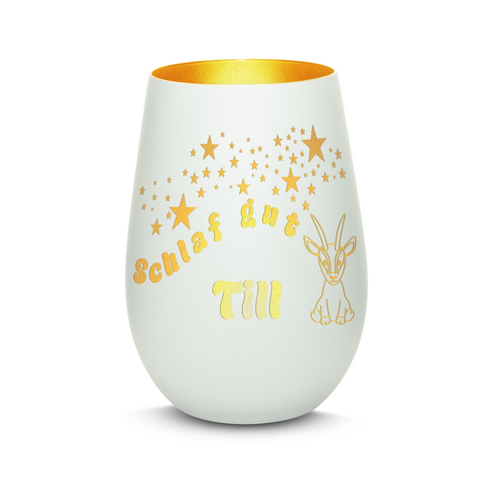 Hochwertiges Glas Windlicht für Kinder mit Gravur "SCHLAF GUT" Motiv Antilope mit Wunschname in der Farbe Weiß/Gold