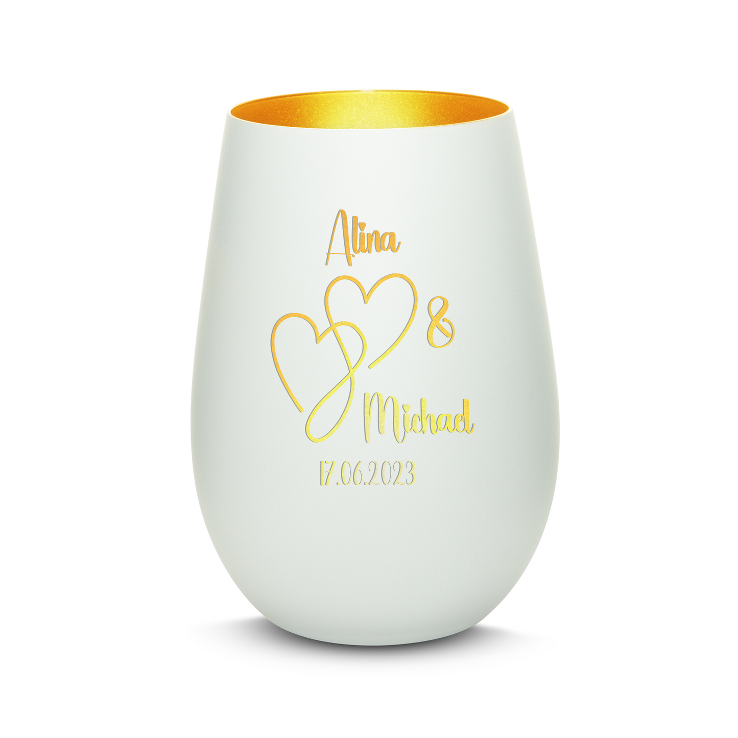 Hochwertiges Glas Windlicht mit Gravur "LIEBES WINDLICHT HERZ2" mit Wunschnamen und Datum in der Farbe Weiß/Gold